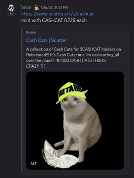 A Discord message from "bros" shares a link to cast.scatter for a free Cash Cats mint costing $CASHCAT 0.72 each, featuring a meme cat image with a RubbishNFT bucket hat, while the caption notes the collection is now trading at 0.24 ETH ($450) despite originally being free.