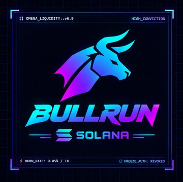 A promotional graphic for a Solana-based token called "BULLRUN" featuring a stylized blue-to-pink bull logo, with text reading "OMEGA_LIQUIDITY: v6.9," "HIGH_CONVICTION," and "SOLANA," along with a 0.05% burn rate per transaction. The design visually reinforces the bullish crypto giveaway campaign offering 100,000 $BULLRUN tokens to participants who drop their $SOL address.