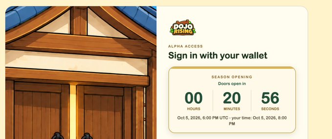 A login screen for 'Dojo Rising' Alpha Access showing a countdown of 00 hours, 20 minutes, and 56 seconds until the season opening doors.