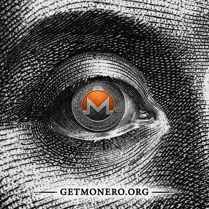 A black and white fingerprint image with a Monero cryptocurrency logo embedded in the center and "GETMONERO.ORG" written at the bottom.