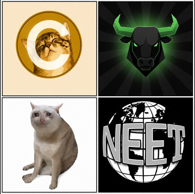 The image is a 2x2 grid featuring four cryptocurrency logos: Cindicator (C), MOODENG (meme bull logo), a sad-looking cream cat (likely Crying Cat coin), and NEET displayed on a globe. The caption relates to the post by showcasing four memecoin logos—including Cindicator, MOODENG, the crying cat meme, and NEET—as potential picks to spark a memecoin supercycle.
