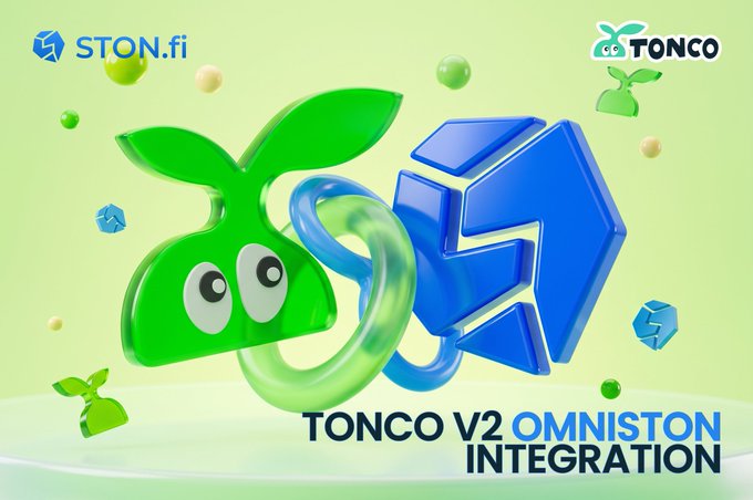 Promotional 3D graphic for 'TONCO V2 OMNISTON INTEGRATION' featuring a green plant-like mascot and a glossy blue STON.fi logo on a light green background.