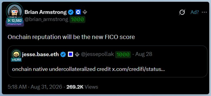 A tweet by Brian Armstrong (@brian_armstrong) posted at 5:18 AM on Aug 31, 2026 with 269.2K views, quoting Jesse Pollak's post and stating "Onchain reputation will be the new FICO score." The tweet appears alongside a related post about joining the @ethos_network token sale to invest in a layer powering onchain credit reputation.