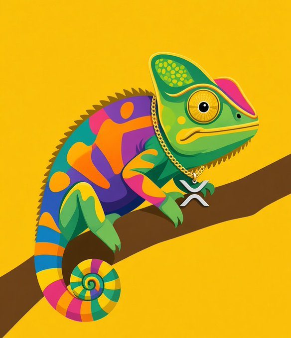 A vibrant digital illustration of a colorful chameleon with a gold chain bearing an 'X' pendant, perched on a branch against a yellow background.