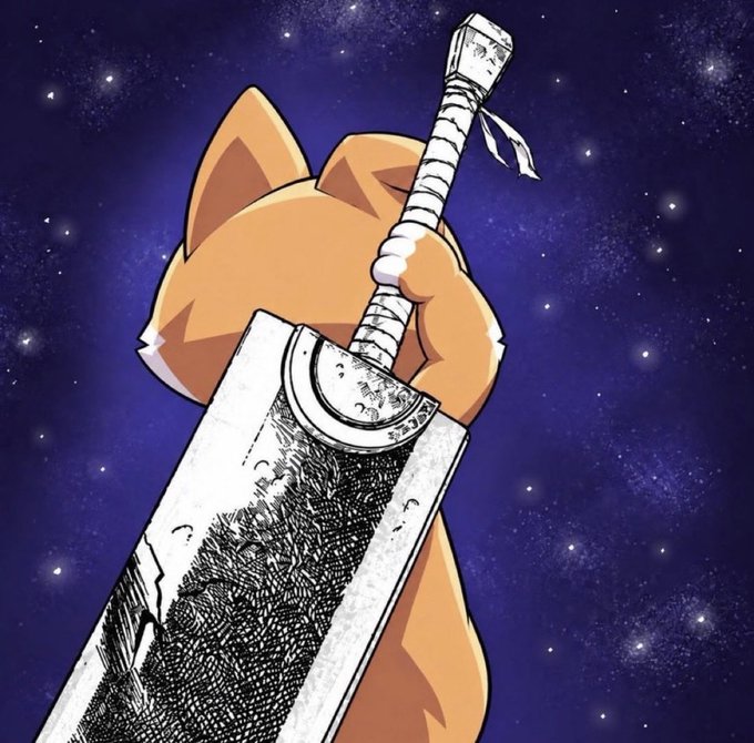 A Shiba Inu-like dog figure wields a massive manga-style sword against a starry purple cosmic backdrop, with the blade covered in detailed crosshatched shading. The image visually echoes the post's warrior-like defense of Stonk as a structurally superior ecosystem token, positioning it as the chosen "blade" against the chaotic meme-coin landscape represented by Fartcoin.