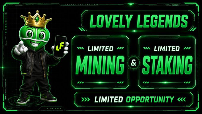 A promotional banner for 'Lovely Legends' featuring a green crowned mascot holding a phone, advertising limited mining and staking opportunities.