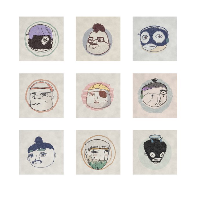 A 3x3 grid of nine hand-drawn, whimsical face illustrations on a cream background, featuring various stylized characters with hats, glasses, and exaggerated expressions.