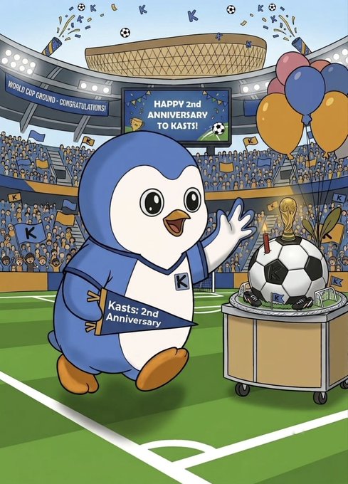 A cartoon penguin mascot holding a pennant that reads 'Kasts: 2nd Anniversary' in a stadium, with a screen displaying 'HAPPY 2nd ANNIVERSARY TO KASTS!' and 'WORLD CUP GROUND - CONGRATULATIONS!'.
