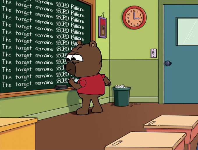 A cartoon brown bear standing behind a green chalkboard that has numbers and text written all over it including "The target remains $1,800,000". A cartoon bear looking at these numbers while another cartoon bear holds up a sign with the number "1,800,000" on it in front of him.