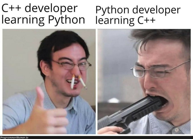 This meme humorously depicts the contrasting experiences of a C++ developer learning Python (looking happy) versus a Python developer learning C++ (looking distressed with a gun in their mouth), implying the "coldcard hack" led to a similarly harsh learning curve.