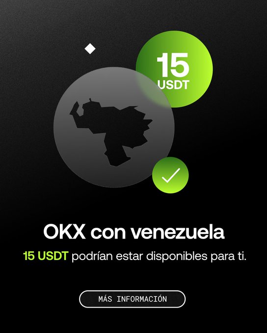 A promotional graphic from OKX featuring Venezuela's country silhouette on a dark background, with a green "15 USDT" badge and checkmark, captioned "OKX con venezuela — 15 USDT podrían estar disponibles para ti." with a "MÁS INFORMACIÓN" button, aligning with the post's message of offering 15 USDT in support to affected Venezuelans.