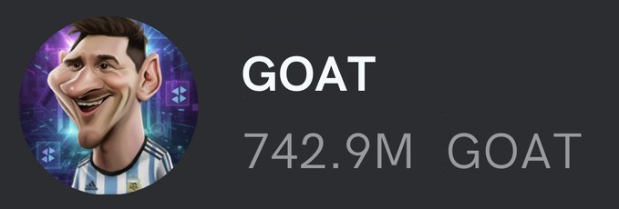 The image displays a profile picture of a caricature resembling Lionel Messi in an Argentina jersey, alongside the text "GOAT" and a balance of "742.9M GOAT." It relates to the post by promoting a $GOAT meme token airdrop campaign on Solana, with the meme referencing Messi's iconic "GOAT" (Greatest of All Time) nickname.