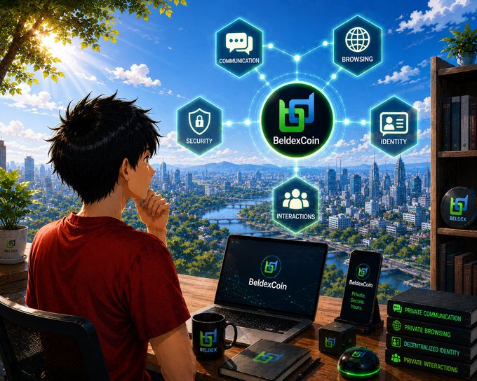 An anime-style illustration of a person looking at a cityscape, with floating hexagonal icons connected to a central 'BeldexCoin' logo, categorized into Communication, Browsing, Security, Identity, and Interactions.