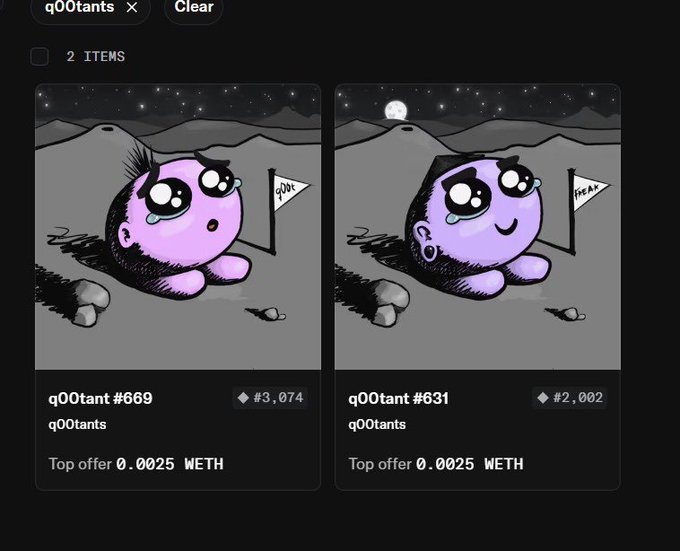 NFT marketplace listing showing two 'q00tants' from the q00tants collection — q00tant #669 (top offer 0.0025 WETH, value 3,074) and q00tant #631 (top offer 0.0025 WETH, value 2,002) — both depicting a sad purple creature with a flag.