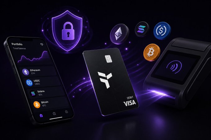 The image features a cell phone displaying various cryptocurrency cards including Bitcoin Cash, Ripple, and Litecoin. The cell phone also has an app that allows users to pay with these digital currency cards. The background of the image is black, which contrasts with the colorful elements on the screen. The text in the image reads: "most crypto cards solve the spending problem then quietly bring back the custody problem your assets become convenient but no longer feel like yours that is why @useTria caught my attention instead of asking users to park funds inside another platform, Tria is building".