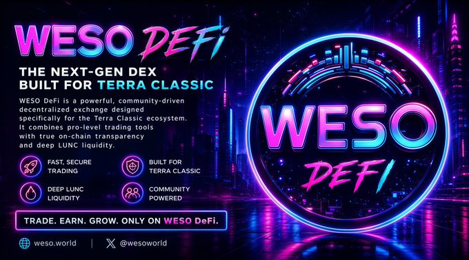 A neon-styled advertisement for WESO DeFi, described as 'THE NEXT-GEN DEX BUILT FOR TERRA CLASSIC,' featuring icons for fast trading, deep LUNC liquidity, and community power, with the website weso.world and @wesoworld handle.