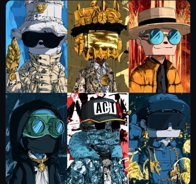 A collage of six stylized, anthropomorphic NFT-style character portraits featuring figures with masks, goggles, and accessories in various artistic styles with bold color palettes.
