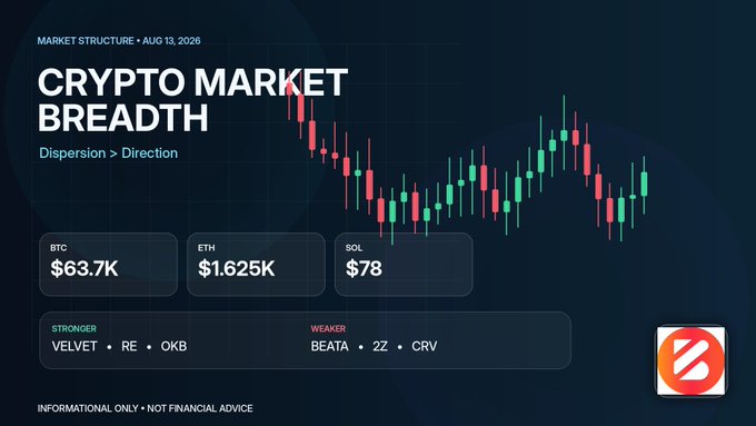 Financial graphic titled 'CRYPTO MARKET BREADTH' dated August 13, 2026, showing candlestick chart data with BTC at $63.7K, ETH at $1.625K, and SOL at $78, marked as 'INFORMATIONAL ONLY • NOT FINANCIAL ADVICE'.