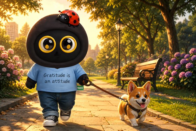 A 3D-rendered scene of a cute black round-headed character wearing a 'Gratitude is an attitude' t-shirt, walking a corgi dog on a leash through a sunlit park path lined with flowers.
