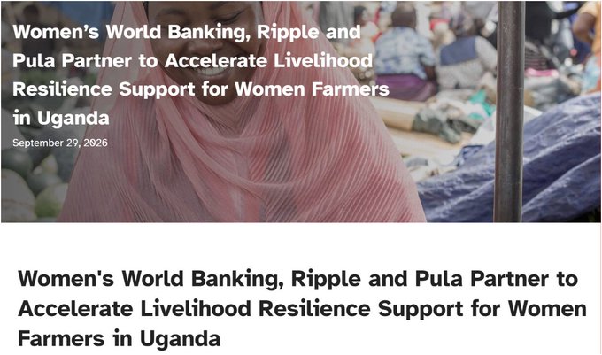 A screenshot of a news article dated September 29, 2026, titled "Women's World Banking, Ripple and Pula Partner to Accelerate Livelihood Resilience Support for Women Farmers in Uganda," featuring a photo of a woman in a pink hijab, which relates to the accompanying post about Ripple's RLUSD stablecoin being used in a parametric insurance pilot for 3,000 smallholder farmers in Uganda.
