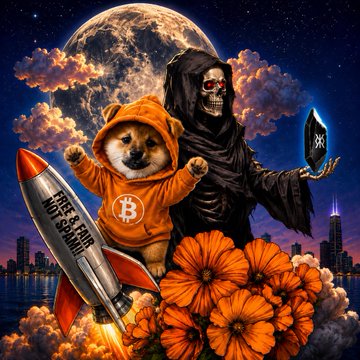 A vibrant digital artwork featuring a Shiba Inu dog in an orange Bitcoin hoodie standing next to a skeletal grim reaper, with a rocket ship and orange flowers against a moonlit city backdrop.