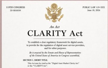 A mockup of the "CLARITY Act" (Public Law 119-XXX) from June 18, 2026, displayed as an official congressional bill establishing a regulatory framework for digital assets. The accompanying post highlights how the Act addresses the risk of customers' assets being treated as exchange property during bankruptcy, a problem it aims to fix.