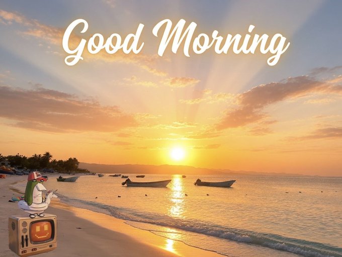 The image features a beach scene with a cartoon character sitting on a boat near the water at sunrise or sunset. The sun is setting behind the boats, creating a beautiful backdrop for the scene. In the background, there are several boats floating on the water, adding depth and interest to the image. The caption of the post reads "Good Morning Hey @bankrbot lets get a morning market update for $BTC, $ETH, $SOL, $HYPE, $BNKR, $LFI, $GITLAWB, $VVV, $ZEC and 
AEON". This suggests that there might be an interesting market event happening in the background or that the character is involved in some sort of financial activity related to the beach scene.