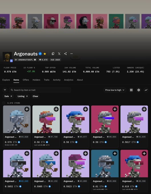 A screenshot of an NFT collection page titled "Argonauts" showing pixel art characters with listed floor price of 0.579 ETH, 9,978 items, and total volume of 6,609.68 ETH.