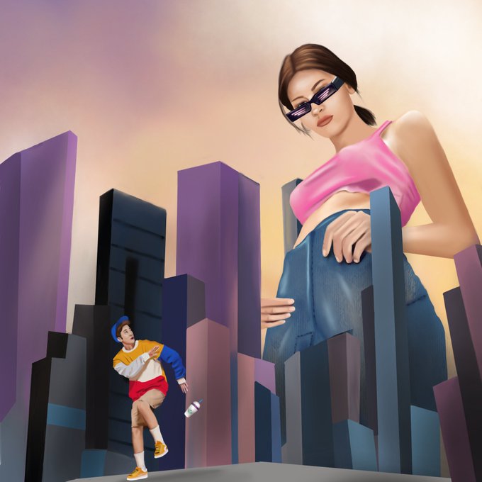 A surreal digital artwork showing a giant woman in a pink crop top and jeans towering over a cityscape, while a smaller figure in colorful 90s-style clothing dances below her.