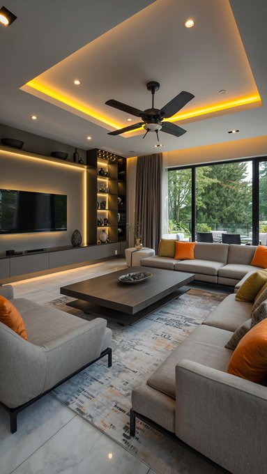 The image shows a modern living room featuring a flat screen TV mounted on the wall above a coffee table with two couches arranged around it. The room has a contemporary design with gray walls and white tile floors. A ceiling fan can be seen, providing air circulation in the space. There is also an orange pillow placed on one of the couches, adding a pop of color to the room's decor.