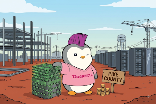 An illustrated penguin mascot wearing a pink shirt labeled "The HUDDLE" stands on a red dirt construction site holding a stack of cash, with a "PIKE COUNTY" sign and gold coins beside it.