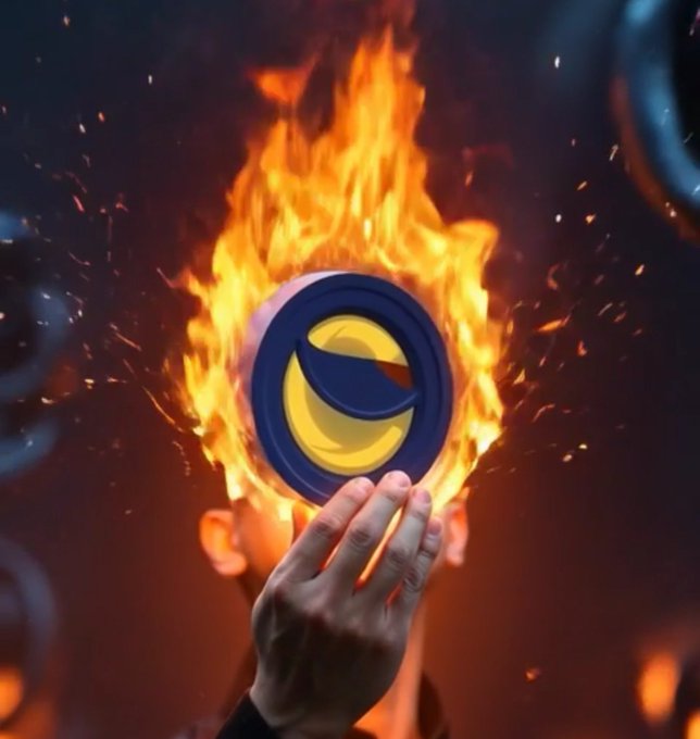 A hand holds up a coin featuring a blue and yellow logo while engulfed in flames against a dark background.