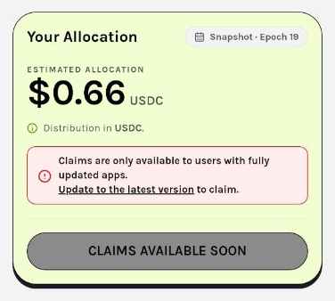 A mobile app screen showing 'Your Allocation' of $0.66 USDC with 'CLAIMS AVAILABLE SOON' button and an update notice.