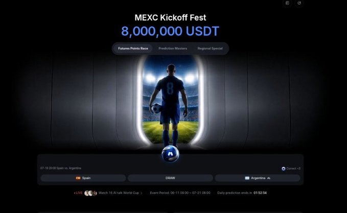 A screenshot of the MEXC Kickoff Fest event page advertising "8,000,000 USDT" in prizes with a soccer player image in the center, dated July 2026.