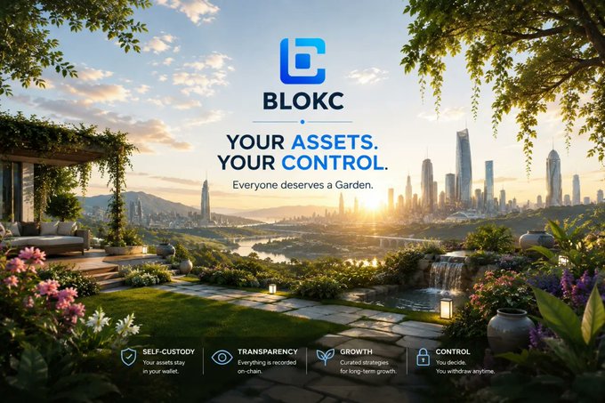 A promotional image for BLOKC featuring a scenic city skyline view from a lush garden terrace, with the tagline "YOUR ASSETS. YOUR CONTROL." and "Everyone deserves a Garden." The image relates to the post's message about crypto ownership by emphasizing self-custody and asset control, with bottom features highlighting "SELF-CUSTODY," "TRANSPARENCY," "GROWTH," and "CONTROL" as solutions to the challenge of managing crypto holdings.