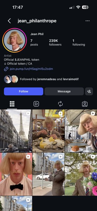 This image shows the Instagram profile of "jean_philanthrope" (Jean Phil), an anonymous artist with a bob haircut mask, who has amassed 239K followers in just two weeks, as noted in the caption. The post highlights how the account has rapidly gained a massive following to funnel traffic into the official $JEANPHIL token, despite the creator's complete lack of identity—no face or real name.