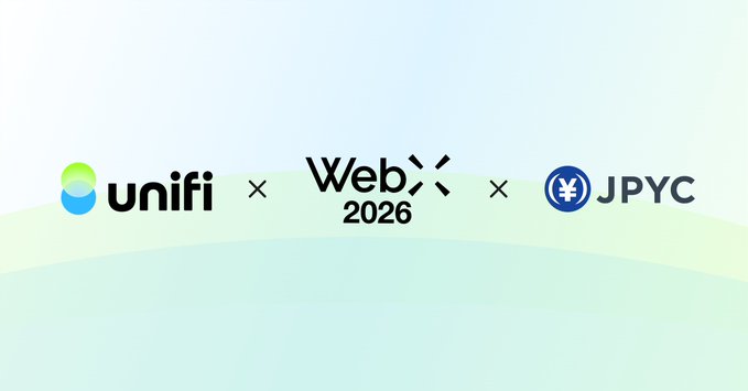 A promotional graphic showing a collaboration between Unifi, WebX 2026, and JPYC with their respective logos displayed on a light gradient background.