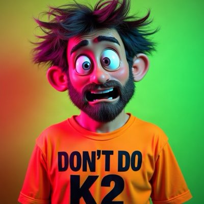 A stylized 3D cartoon man with messy purple-streaked hair and a shocked expression wears an orange t-shirt reading 'DON'T DO K2' against a red-to-green gradient background.