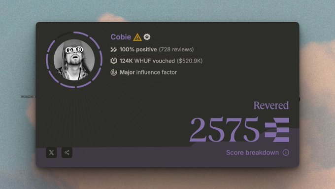 A profile card for 'Cobie' showing 100% positive reviews (728 reviews), 124K WHUF vouched ($520.9k), marked as a Major influence factor with a Revered score of 2575.
