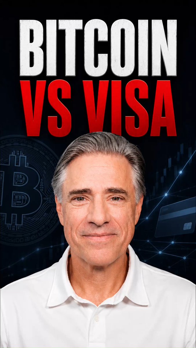 A YouTube-style thumbnail titled 'BITCOIN VS VISA' featuring a man in a white polo shirt against a background with a Bitcoin symbol and credit card graphic.