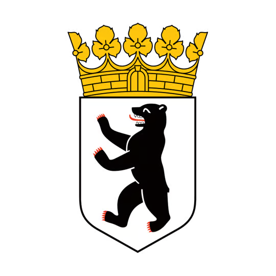 The image depicts the coat of arms of Berlin, featuring a black bear rampant with red claws and tongue on a white shield, topped by a golden mural crown adorned with five fleurs-de-lis. This emblem represents the official heraldic symbol of the German capital city.
