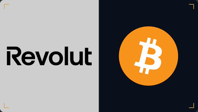 A split-screen graphic showing the black 'Revolut' logo on a white background alongside the orange Bitcoin '₿' symbol on a black background, framed by yellow corner brackets.