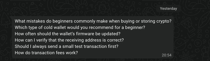 The image shows a dark-themed messaging screenshot timestamped "Yesterday" at 20:54, containing a list of six beginner crypto questions—ranging from common buying/storage mistakes and cold wallet recommendations to firmware updates, address verification, test transactions, and transaction fees—relating to the post about the young man's friend seeking crypto guidance after initially using Bitcoin, USDC, and USDT on gambling site Stake.