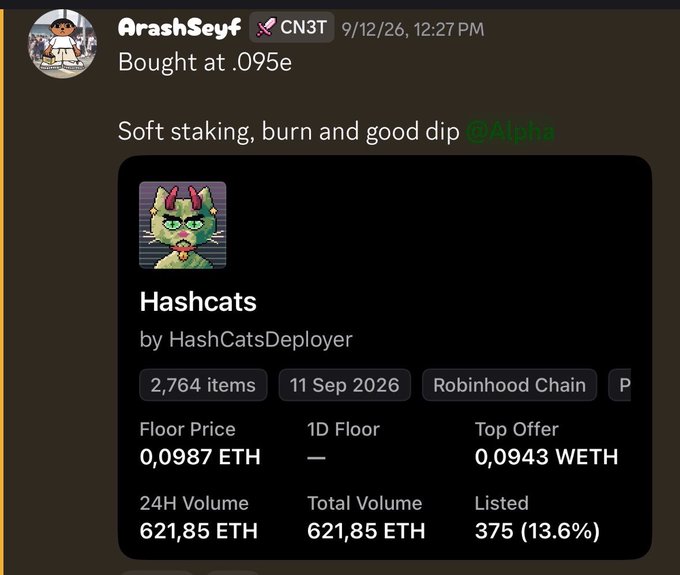 A Discord message by user 'ArashSeyf' shows an NFT collection called 'Hashcats' with details including a floor price of 0,0987 ETH and a 24H volume of 621,85 ETH.
