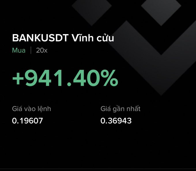 A trading interface showing a perpetual position for BANKUSDT with a +941.40% gain, displaying entry price of 0.19607 and latest price of 0.36943 with 20x leverage on a long position.