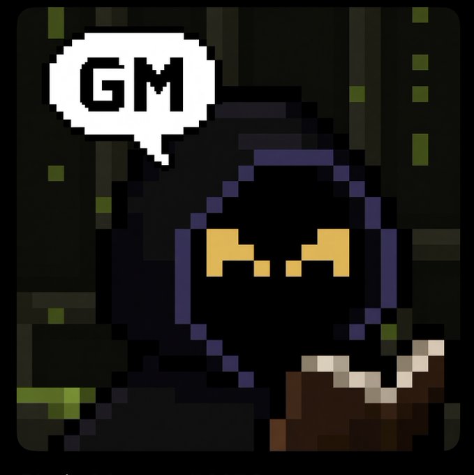 A pixel art image of a dark hooded figure with glowing yellow eyes holding a book, with a white speech bubble containing the text 'GM' (Good Morning).