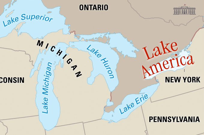 The image shows a humorous map of the Great Lakes region, depicting Ontario, Michigan, Wisconsin, New York, and Pennsylvania, but with Lake Ontario comically relabeled as "Lake America" in large red text.

The edit suggests the post is questioning the legitimacy of the altered map, as "Lake America" is not a real body of water—it's a fake replacement for Lake Ontario.