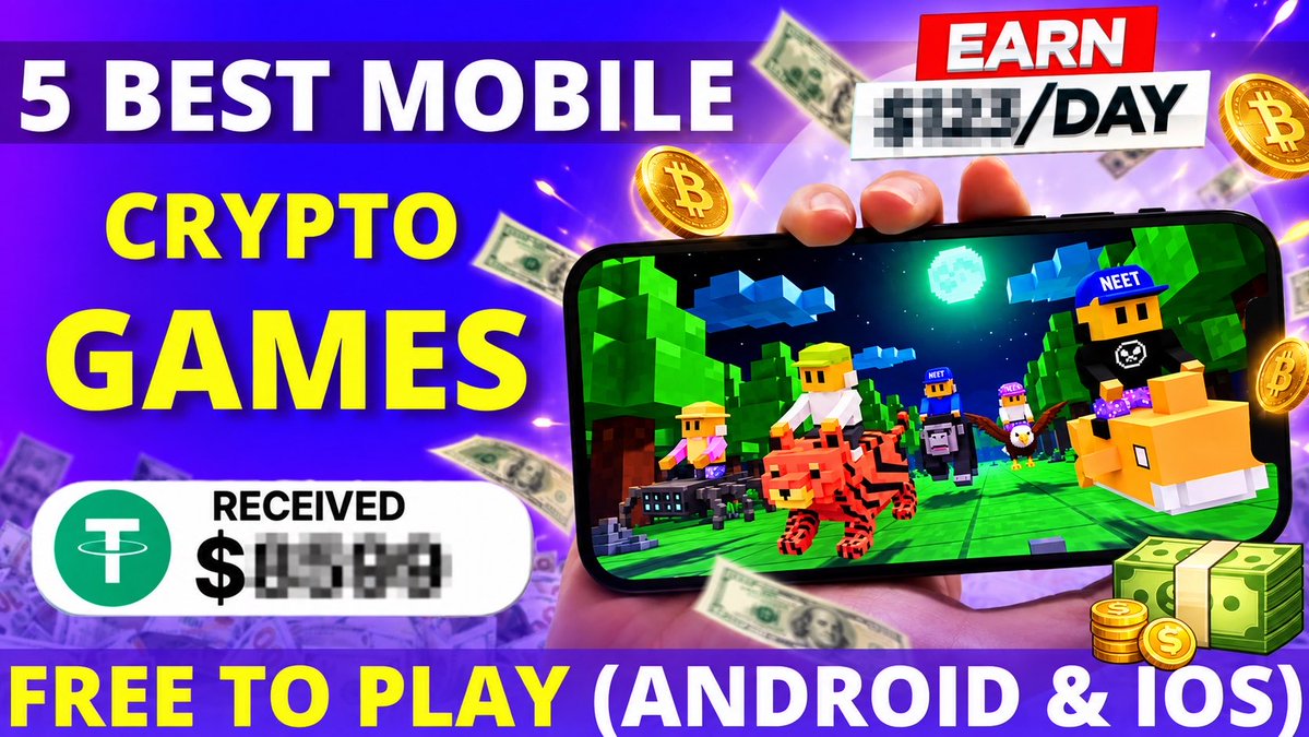 A YouTube thumbnail promoting '5 BEST MOBILE CRYPTO GAMES' featuring 'EARN ###/DAY', a phone displaying blocky game characters, and graphic overlays showing cryptocurrency, money, and 'FREE TO PLAY (ANDROID & IOS)'.