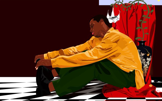 A digital artwork of a man in a yellow shirt and green pants sitting on a black and white checkered floor with his head down, accompanied by a white bird and a red curtain backdrop with a vase.