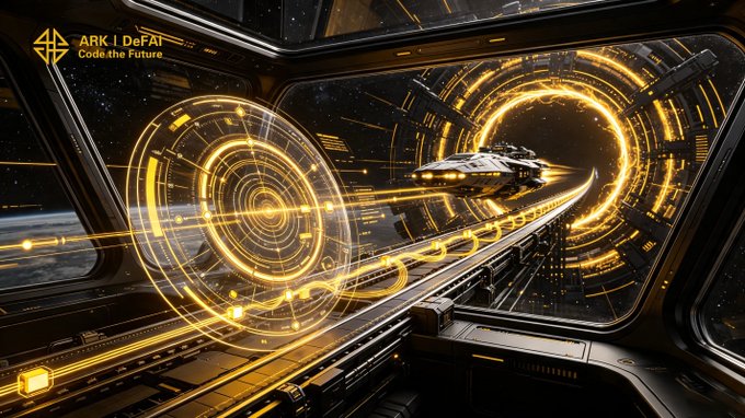 A futuristic sci-fi scene viewed through a cockpit window showing a spaceship traveling along glowing orange tracks toward a portal, with text 'ARK | DeFAI' and 'Code the Future' in the corner.